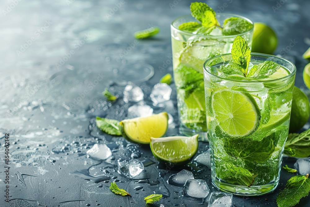 Mojito or virgin mojito long rum drink with fresh mint, lime juice, cane sugar and soda Mojito or virgin mojito long rum drink with fresh mint, lime juice, cane sugar and soda