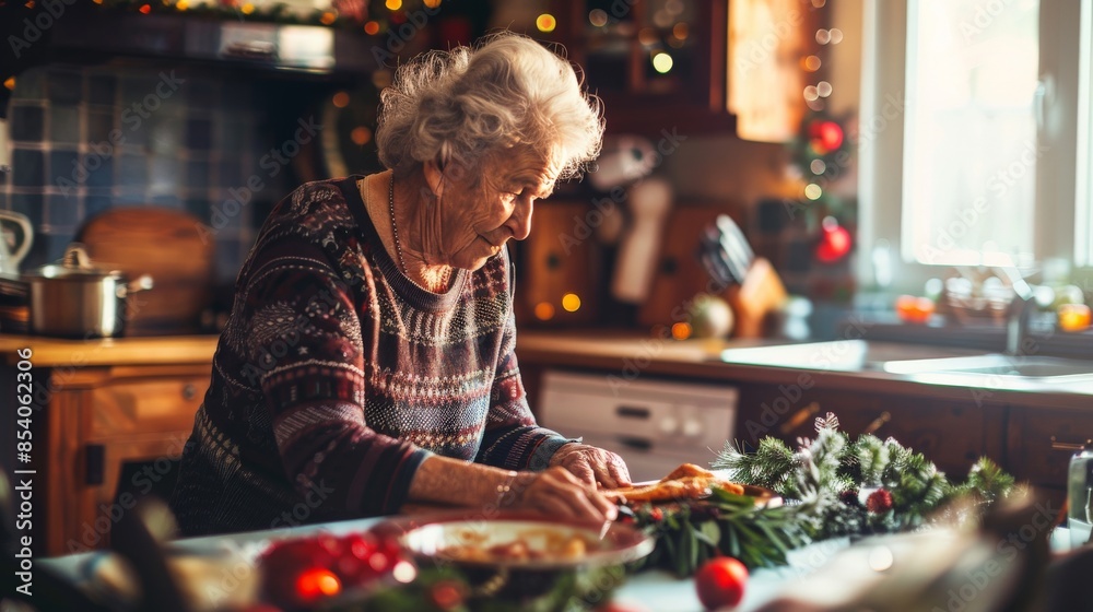 Elderly woman setting the table for a festive family meal in her kitchen
