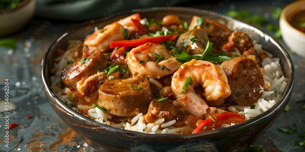 Authentic New Orleans Gumbo with dark roux chicken sausage shrimp over rice. Concept New Orleans Gumbo Recipe, Dark Roux Chicken Sausage, Shrimp Over Rice, Authentic Southern Dish Authentic New Orleans Gumbo with dark roux chicken sausage shrimp over rice. Concept New Orleans Gumbo Recipe, Dark Roux Chicken Sausage, Shrimp Over Rice, Authentic Southern Dish