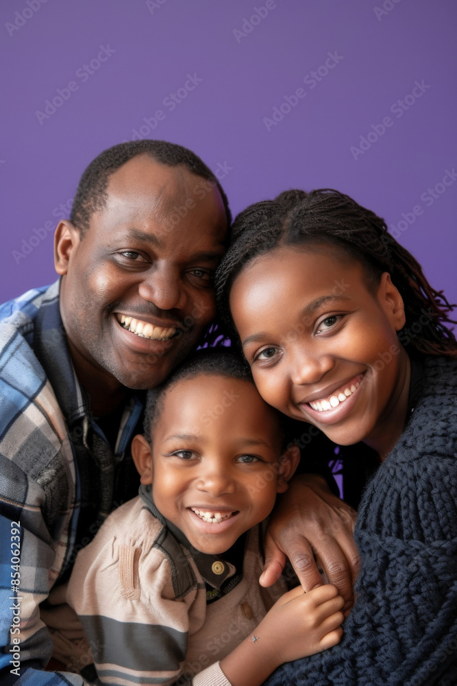 an African American family smiling together on a purple studio background