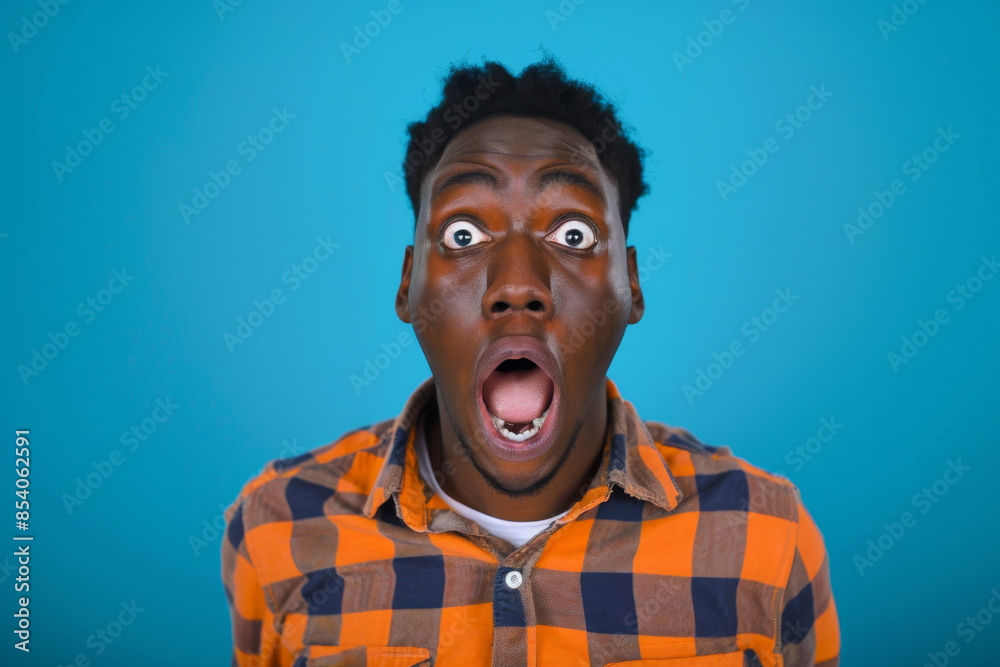 an African American man showing surprise on a blue studio background an African American man showing surprise on a blue studio background