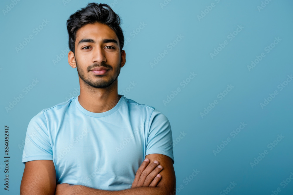 an Indian man in a blue sports jersey, looking content on a blue studio background an Indian man in a blue sports jersey, looking content on a blue studio background