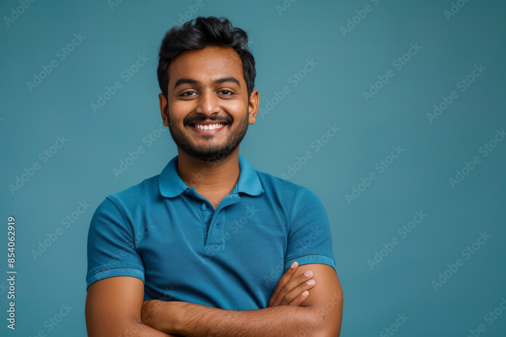 an Indian man in a blue polo shirt, smiling on a blue studio background