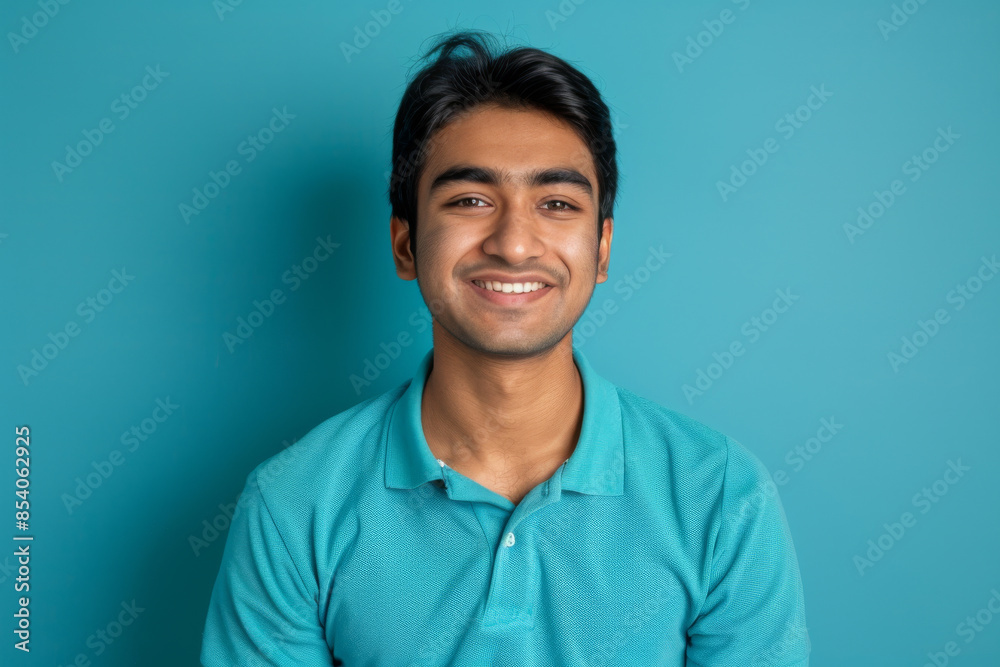 an Indian man in a blue polo shirt, smiling on a blue studio background an Indian man in a blue polo shirt, smiling on a blue studio background