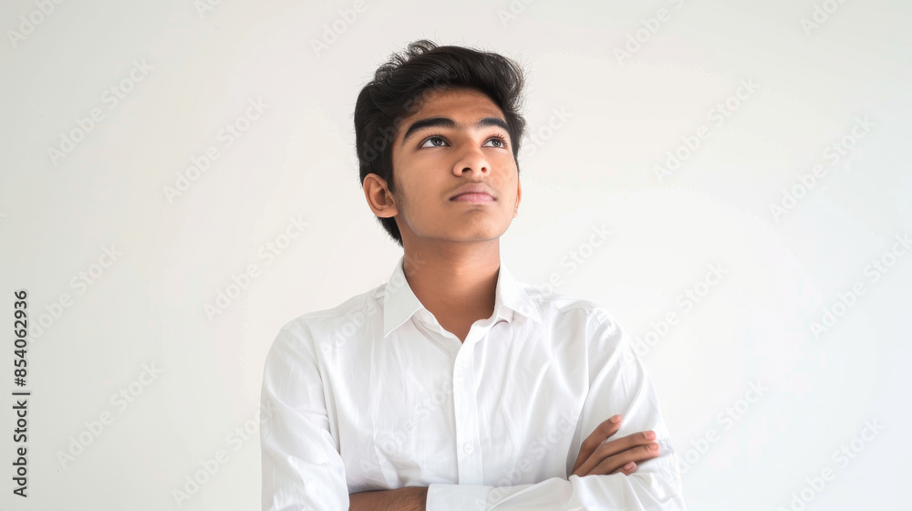 an Indian teenager in white formal wear, looking determined on a white studio background