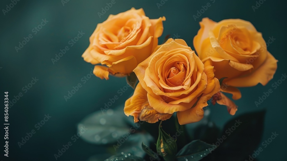 Close up photograph of three yellow roses in a vase with space for text Close up photograph of three yellow roses in a vase with space for text
