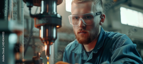 A handsome young man in safety glasses is working on an industrial machine at the factory