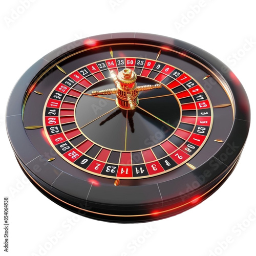 Modern Black and Red Roulette Wheel with Gold Accents and Transparent Background
