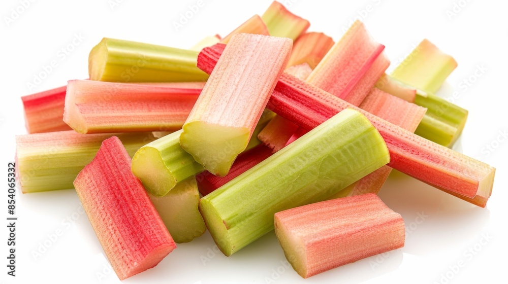 Cut rhubarb pieces isolated on a white background Cut rhubarb pieces isolated on a white background