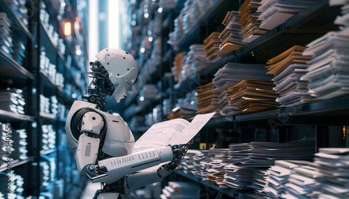 Futuristic Robot Organizing Papers in Modern Archives