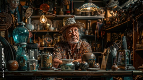 The picture of the antique dealer that working inside the old vintage shop that selling, buying or appraisal the antique, old, retro, classic object in the past but still valuable and elegant. AIG43.