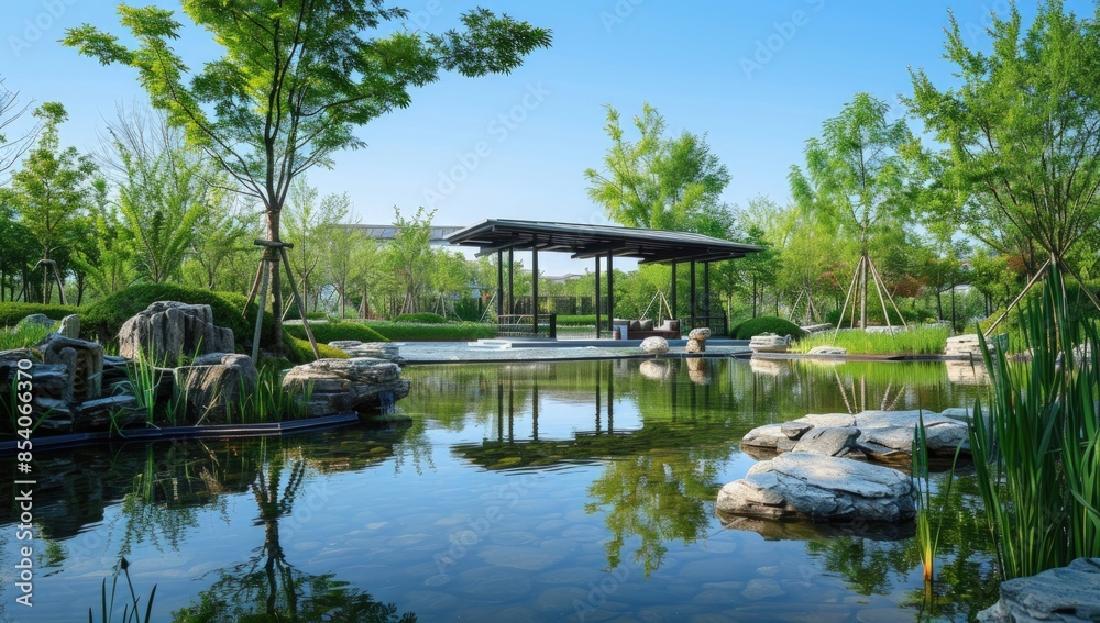 A serene garden with a stone patio and a large canopy. Generate AI image A serene garden with a stone patio and a large canopy. Generate AI image