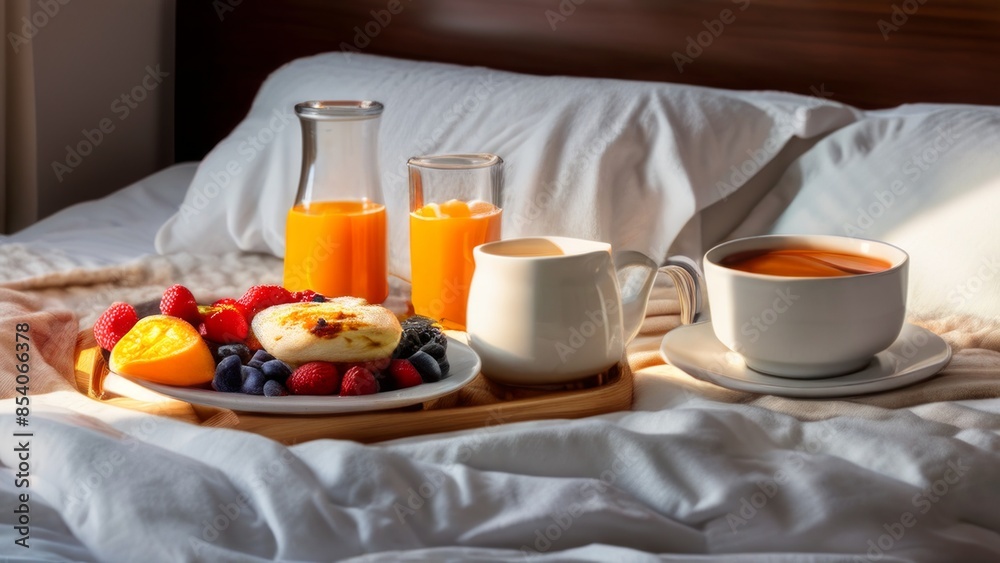 The image shows a hotel breakfast on a tray on a bed with white linens. the theme of eating in bed, which is often associated with relaxation, comfort or a special occasion. The image shows a hotel breakfast on a tray on a bed with white linens. the theme of eating in bed, which is often associated with relaxation, comfort or a special occasion.