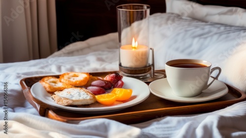 Wallpaper Mural The image shows a hotel breakfast on a tray on a bed with white linens. the theme of eating in bed, which is often associated with relaxation, comfort or a special occasion. Torontodigital.ca
