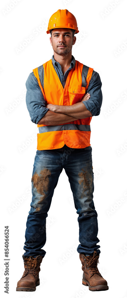 Construction worker standing with his arms folded. Transparent background. Construction worker standing with his arms folded. Transparent background.