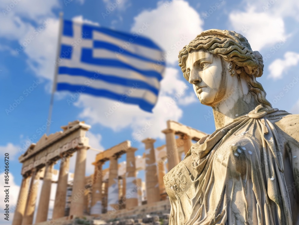 Obraz premium Greek Flag Embedded in Marble Statue - Ancient Greece Historical Symbol Photo