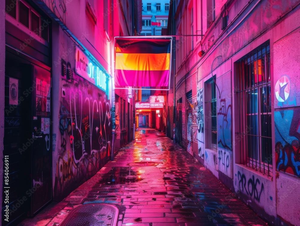 Fototapeta premium Germany Flag IlluminatedNeon Lights in Dark Urban Alleyway at Night