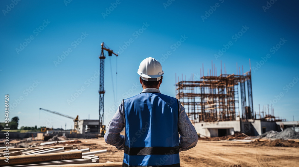 Construction site with engineer overseeing the progress of a building project. The image shows cranes, scaffolding, and construction materials. Construction site with engineer overseeing the progress of a building project. The image shows cranes, scaffolding, and construction materials.