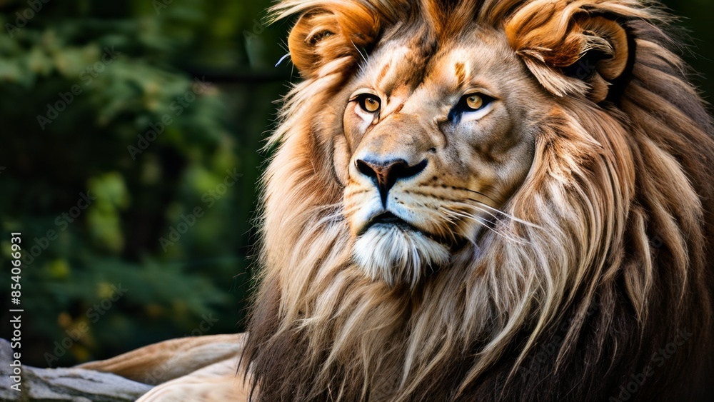 Fototapeta premium A close up close-up shot of a lion's face. Special attention is paid to details such as the mane, eyes, and facial markings. The background is blurred