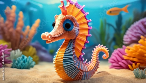 Un alegre, sonriente y divertido caballito de mar en el fondo del océano hecho de tiras de plastilina de colores. Tema infantil