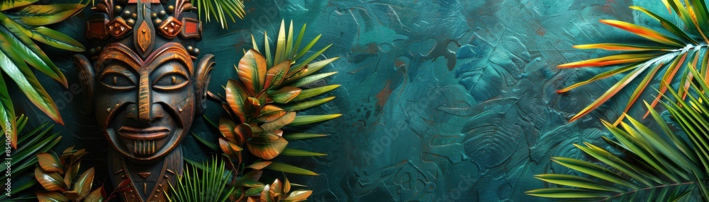 Fototapeta premium Colorful tribal mask surrounded by lush tropical leaves, creating an exotic and cultural atmosphere in a richly textured background.