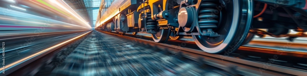 Fototapeta premium Industrial rail train wheels closeup motion technology perspective conceptual background