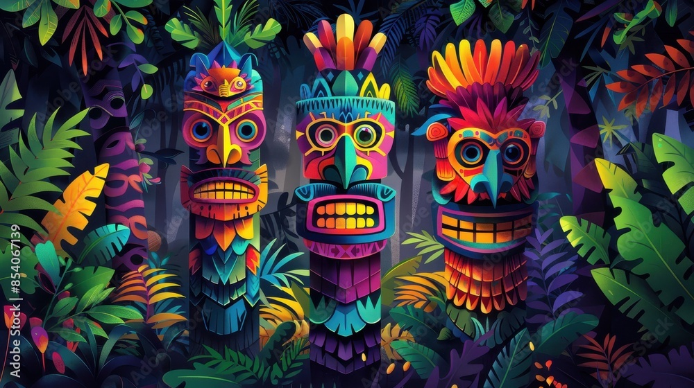 Vibrant, colorful tribal masks amidst lush jungle foliage, showcasing rich cultural heritage and intricate design, emphasizing vibrant creativity. Vibrant, colorful tribal masks amidst lush jungle foliage, showcasing rich cultural heritage and intricate design, emphasizing vibrant creativity.