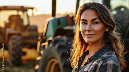 a girl standing in front of a tractor. She is wearing a plaid shirt, which may indicate a rural or farming theme. This image could be related to agro-culture, privacy or identity protection.