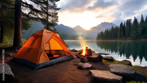 camp forest landscape at dawn or dusk. On the shore of a calm lake there is an orange tent with a fire burning in front of it. theme of the beauty and tranquility of nature.