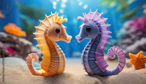 Dos alegres, sonrientes y divertidos caballitos de mar en el fondo del océano hechos de tiras de plastilina de colores. Tema infantil photo