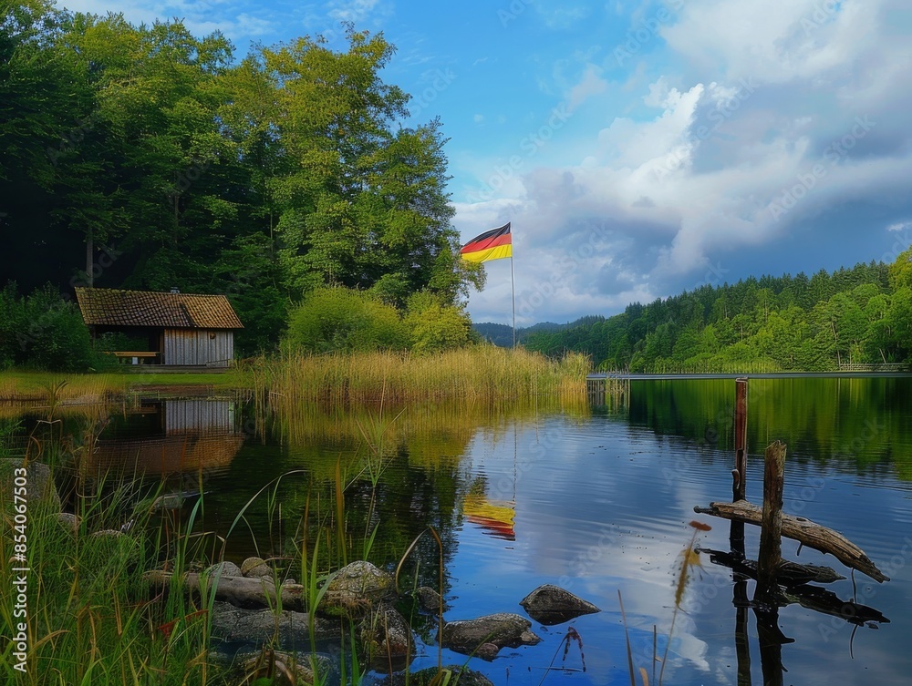 Obraz premium Germany Flag Reflection on Serene Lake - Peaceful Lakeside SceneBeautiful Nature View