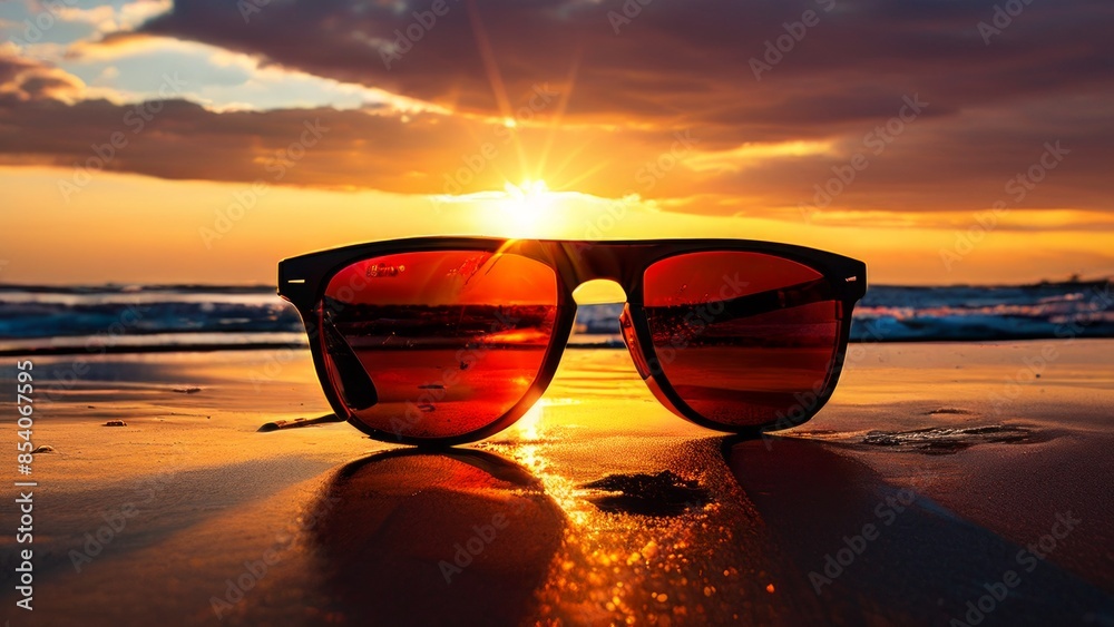 custom made wallpaper toronto digitalA pair of sunglasses with orange reflective lenses placed on a sandy surface. the theme captures the beauty of a sunset in a creative way