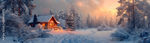 Cozy Snow-Covered Cabin in Serene Pine Forest at Twilight © kiatipol