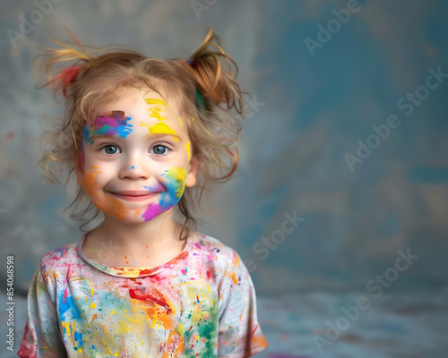 Happy cute messy hair little girl kid child with face and tee stained splatter with paint isolated on canvas colourful background. copy text space