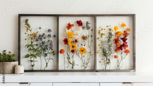 Fototapeta Naklejka Na Ścianę i Meble -  A framed display of pressed flowers in a wooden frame, featuring a variety of colors and textures.