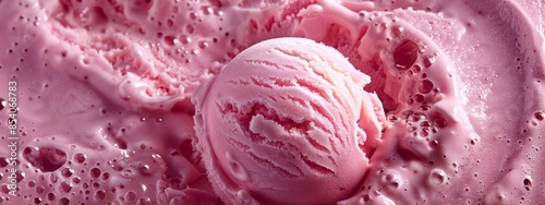  A tight shot of pink ice cream with beads of water clinging to its surface and forming droplets atop it
