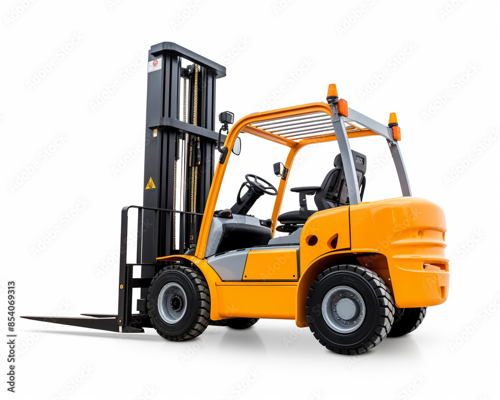 High-quality image of a modern orange forklift against a white background, perfect for industrial and logistics themes in stock photography. High-quality image of a modern orange forklift against a white background, perfect for industrial and logistics themes in stock photography.