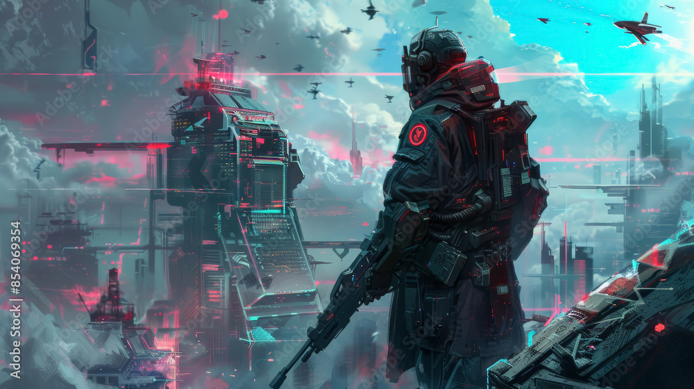 A soldier with a rifle stands against the backdrop of futuristic towers and flying warships. Gaming background A soldier with a rifle stands against the backdrop of futuristic towers and flying warships. Gaming background