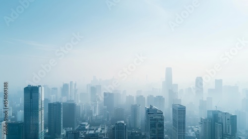 A cityscape covered in smog, showing the effects of pollution on urb © Emqan