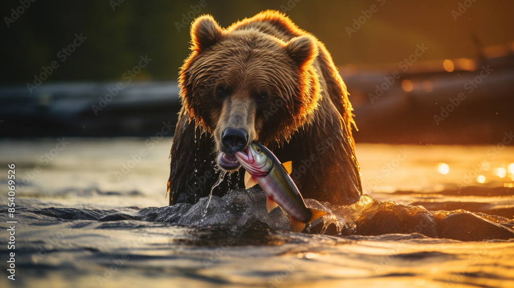 Majestic bear catches fish in a river at sunrise, highlighting the beauty and strength of wildlife in nature's natural habitat. Majestic bear catches fish in a river at sunrise, highlighting the beauty and strength of wildlife in nature's natural habitat.