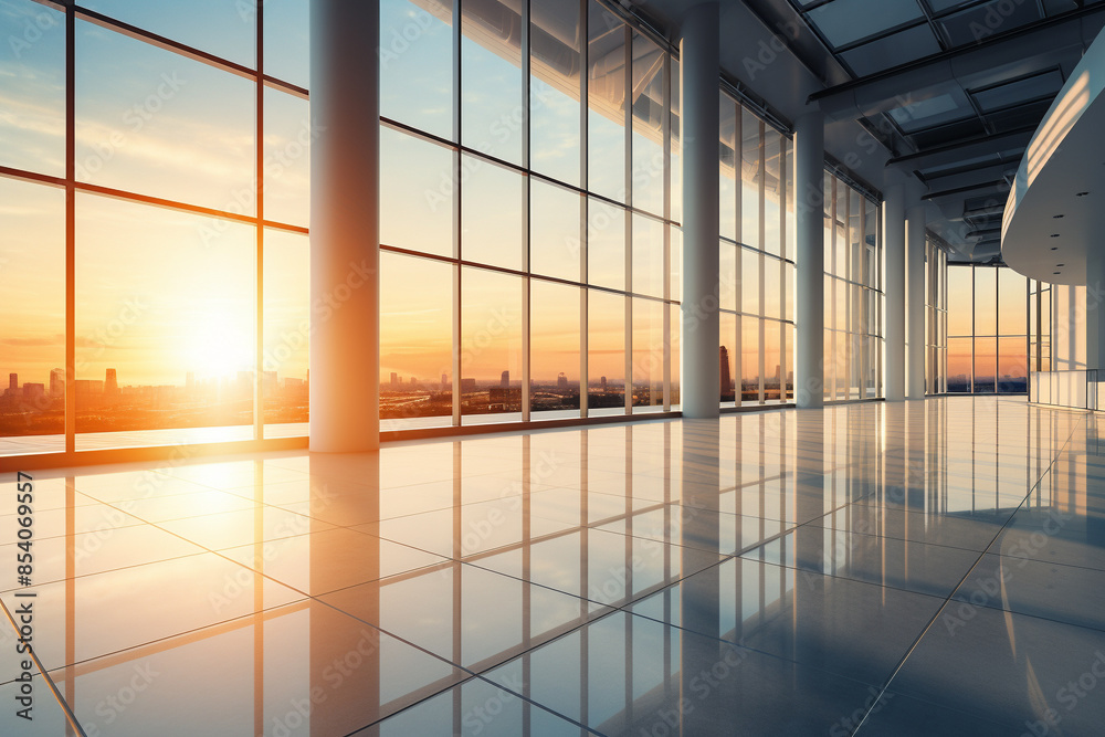 Fototapeta premium Modern empty office space with large windows overlooking a cityscape at sunset, reflecting light on shiny floor tiles.