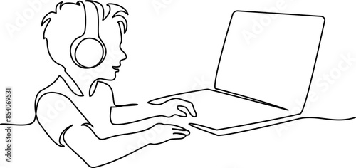 Child boy study at home using notebook. Education and back to school concept.