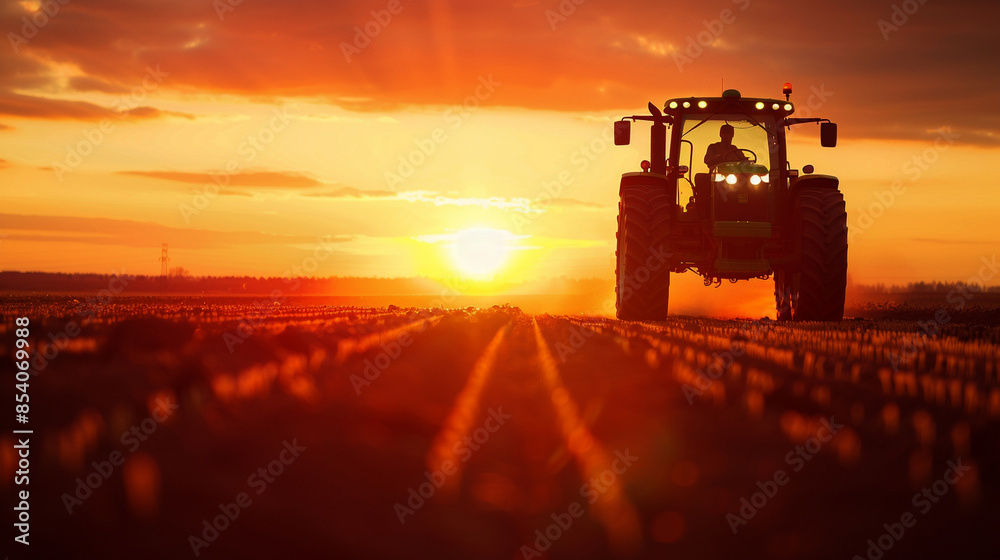 Fototapeta premium Silhouette of a tractor working in a field at sunset, representing agriculture, farming, and rural life with a stunning orange sky.