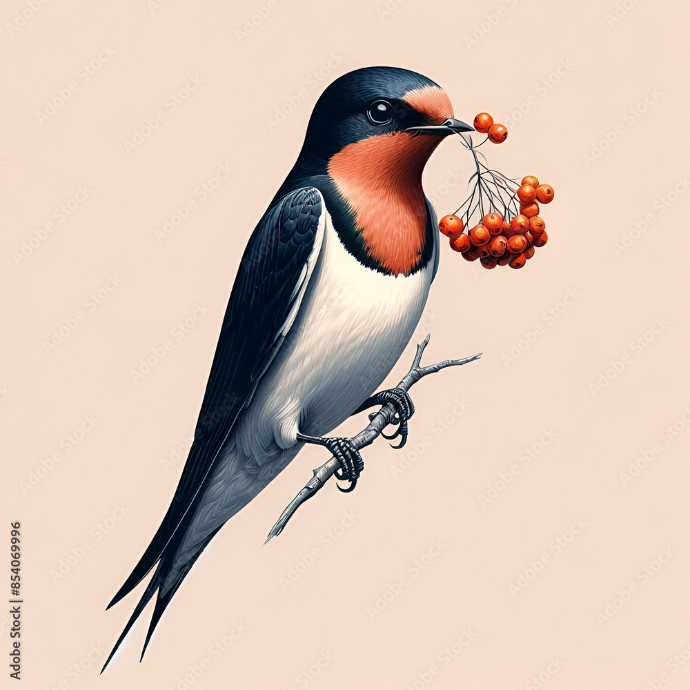 Fototapeta premium Detailed illustration of a swallow holding berries on a branch, against a beige background with copy space