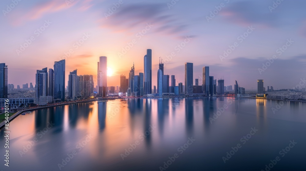 Obraz premium A panoramic view of a city skyline with skyscrapers and a setting sun.