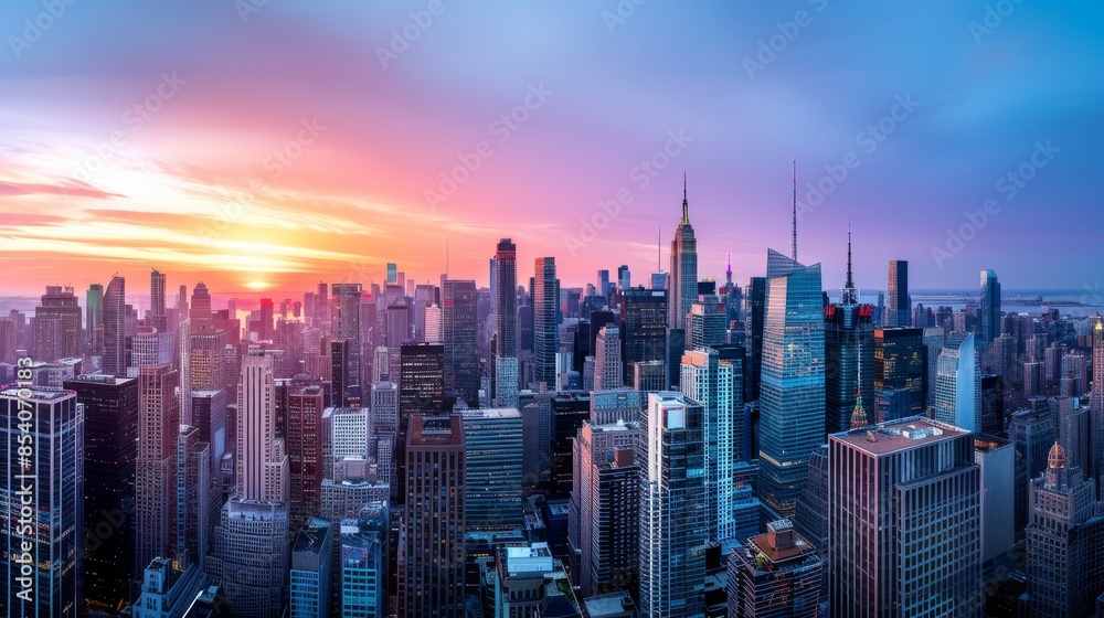 Obraz premium A panoramic view of a city skyline with skyscrapers and a setting sun.