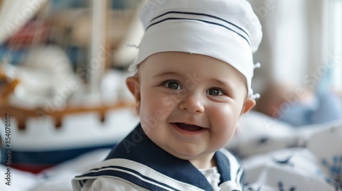 Infant boy in a sailor outfit, giving a charming smile at a nautical-themed fashion event © Sasint
