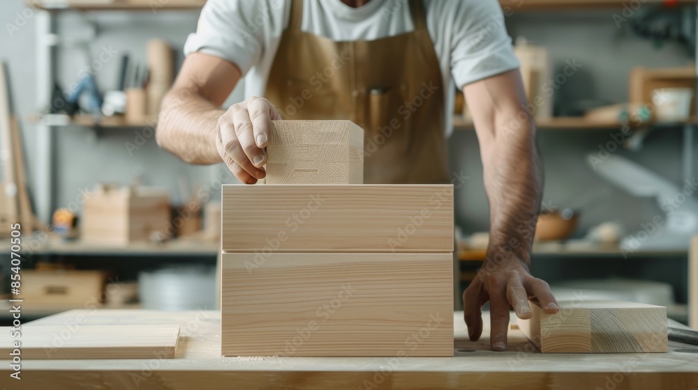 A person assembling or building a piece of furniture in a workshop. A person assembling or building a piece of furniture in a workshop.