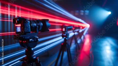 Gimbals balancing action cameras, illustrating smooth and steady video capabilities, captured in midmotion, with trails of light highlighting their movement