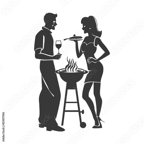 Silhouetted Couple BBQ: Retro Party Style, Wine and Grilled Food.